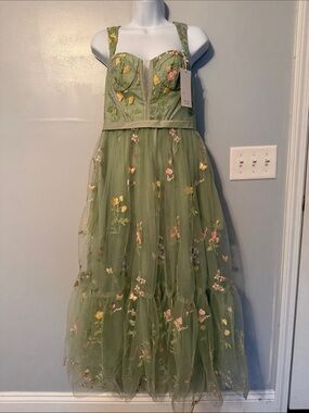 Boho Light Green Floral Embroidered Tulle Midi Dress